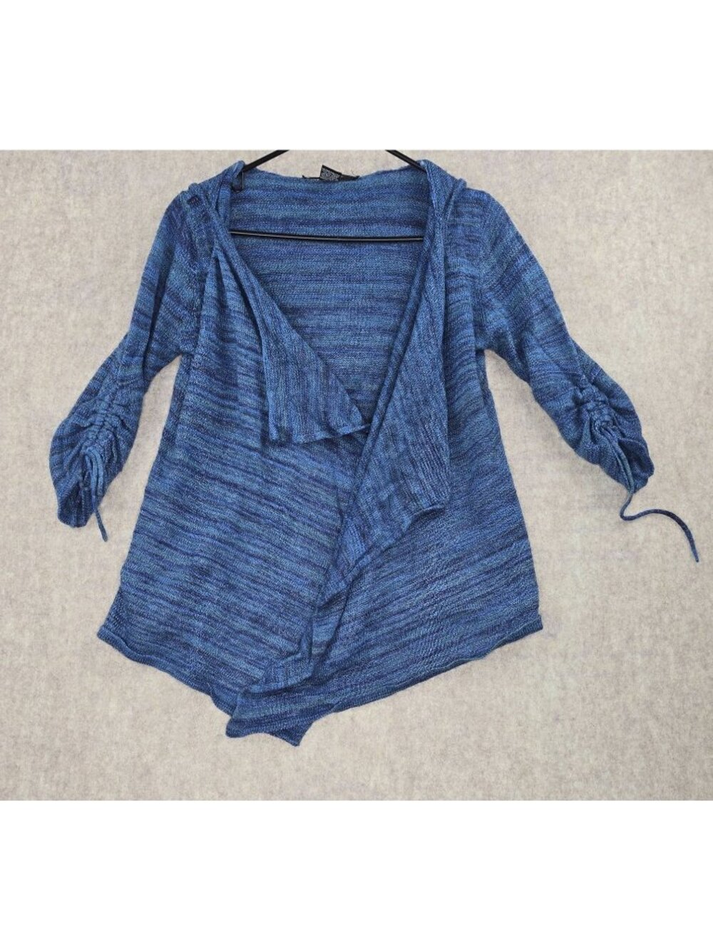 Blue Hooded Open Front Cardigan With Ruched Sleeves Knit Fabric Size M